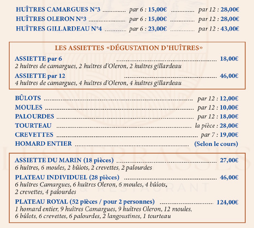 huîtres camargues, huîtres gillardeau, moules, palourdes, bûlots, homard, tourteau, plateau de fruits de mer, oursin