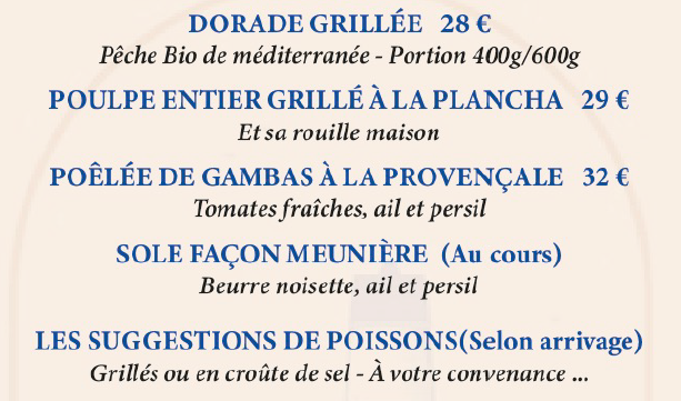 Dorade, pêche de ligne, gambas, sole, poulpe