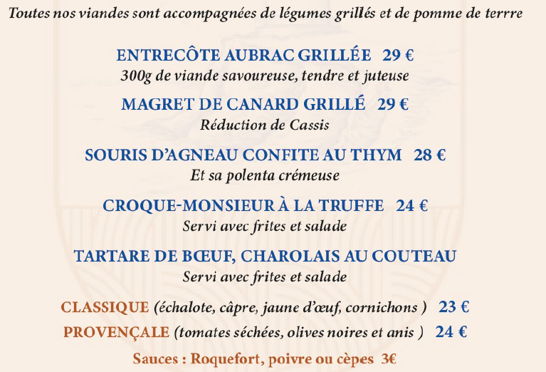 entrecôte, souris d'agneau, magret de canard, croque monsieur, truffe, tartare de boeuf au couteau