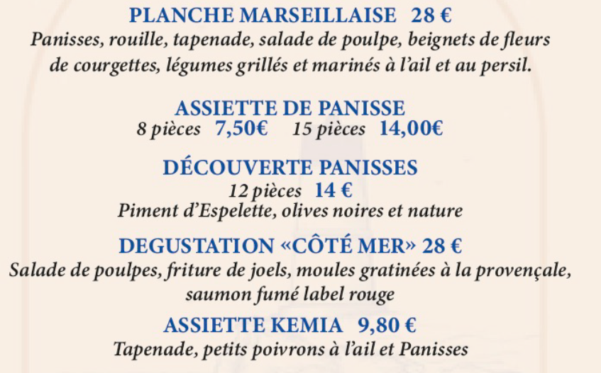 Planche marseillaise, panisses, kémia, fruits de mer, saumon